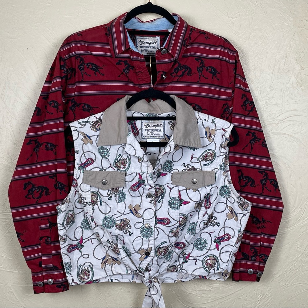 BUNDLE - 2 Vtg Wrangler Western Wear Cowgirl Cropped Button Down Shirts, Large
